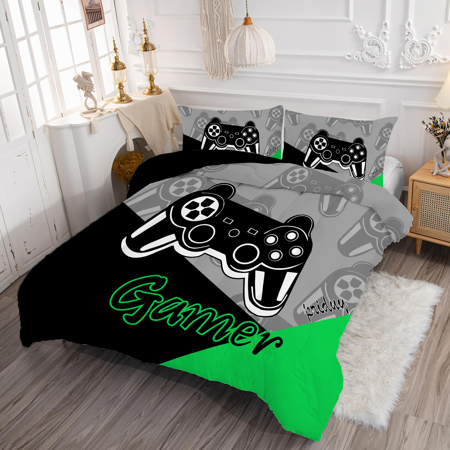 Gaming Comforter for Kids Boys Teens Video Game Bedding Set Gamer Comforter Gamepad Comforter Set Full Size Green Black Gray 3 Pieces