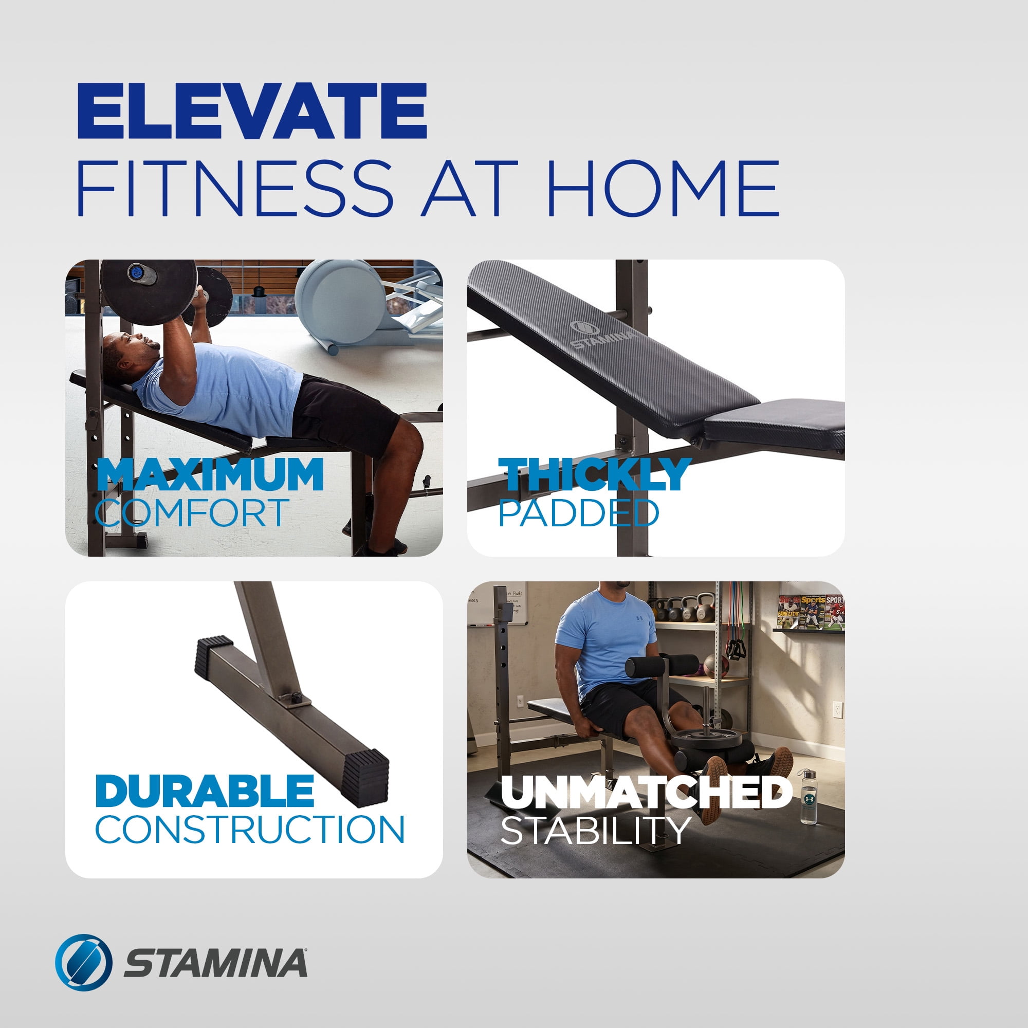 Stamina Steel Weight Bench and Barbell Rack Combo with Resistance Band Anchors, Adjustable, Black