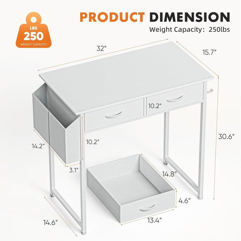 Kelno 32 Inch Computer Desk with 2 Fabric Drawer Storage Bag Iron Headphone Hook Vanity Writing Table, White