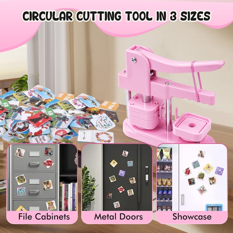 Square Badge Press Machine, Button Press Machine for 2 Inches / 50mm Square Fridge Magnetic Stickers, 100 Sets of Button Maker Supplies, Badge Maker Kit for Home School DIY Crafts, Business (Pink)
