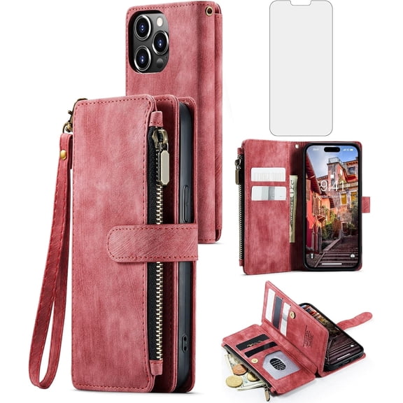 Asuwish Kickstand Hard Shell Wallet Cell Phone Case with Tempered Glass Screen Protector for iPhone 16 Pro Max, Red