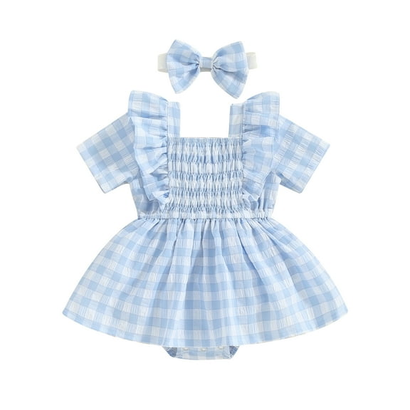 Musuos Baby Girls Summer 2 Piece Set, 3 6 12 18 24Months Square Neck Short Sleeve Frill Trim Plaid Romper Dress   3D Bow Headband Set
