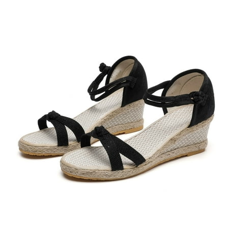 

YOUSNH Women Summer Weave Wedges Breathable Non Elastic Band Open Toe Bow Sandals Comfortable Beach Shoes Shoes Woman 2024 Trend Black 7.5(39)