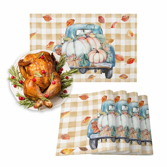 Fall Placemats Set of 4 Autumn Leaf Truck Pumpkin Place Mats Thanksgiving Placemat Buffalo Plaid Table Mats for Dining Kitchen Table Holiday Dinner Party Home Fall Decorations 13x19 Inch