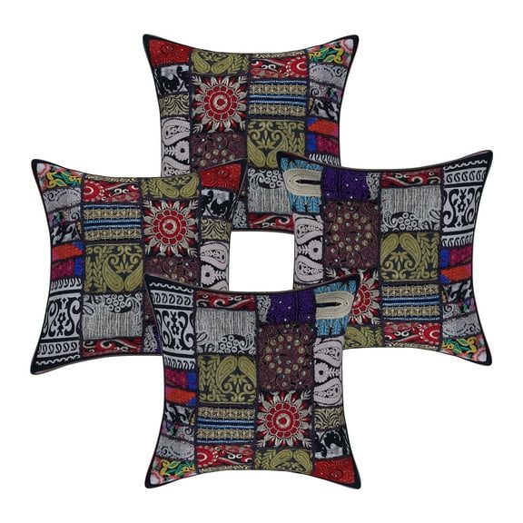 Stylo Culture Indian Cotton Home Decor Throw Pillow Sham Covers Black 16 x 16 Bohemian Vintage Patchwork Indian Couch Cushion Covers 40x40 cm Living Room Floral Square Pillowcases | Set Of 4