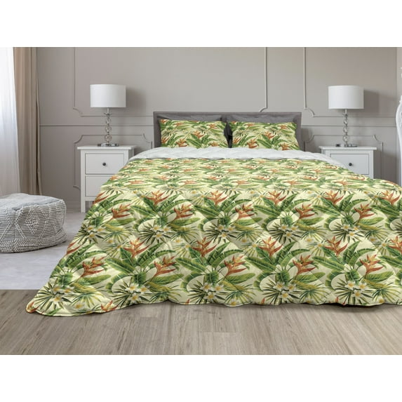 Tropical Comforter & Sham Bedding Set, Exotic Plumeria Flowers and Palm Tree Leaves on Cream Background Hawaiian Flora, 3 pcs Duvet Set Microfiber Filling Quilt, 5 Sizes, Multicolor, by Ambesonne