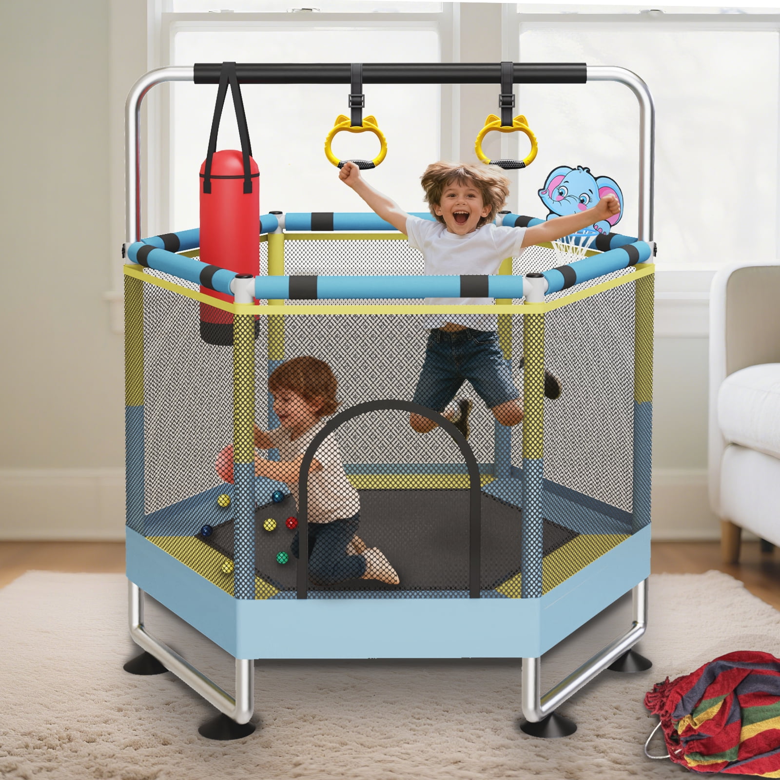 62" Trampoline for Kids with Enclosure, Indoor & Outdoor Toddler Trampoline with Adjustable Gymnastics Bar & Toys, for Boys & Girls, 440lbs, Yellow&Green