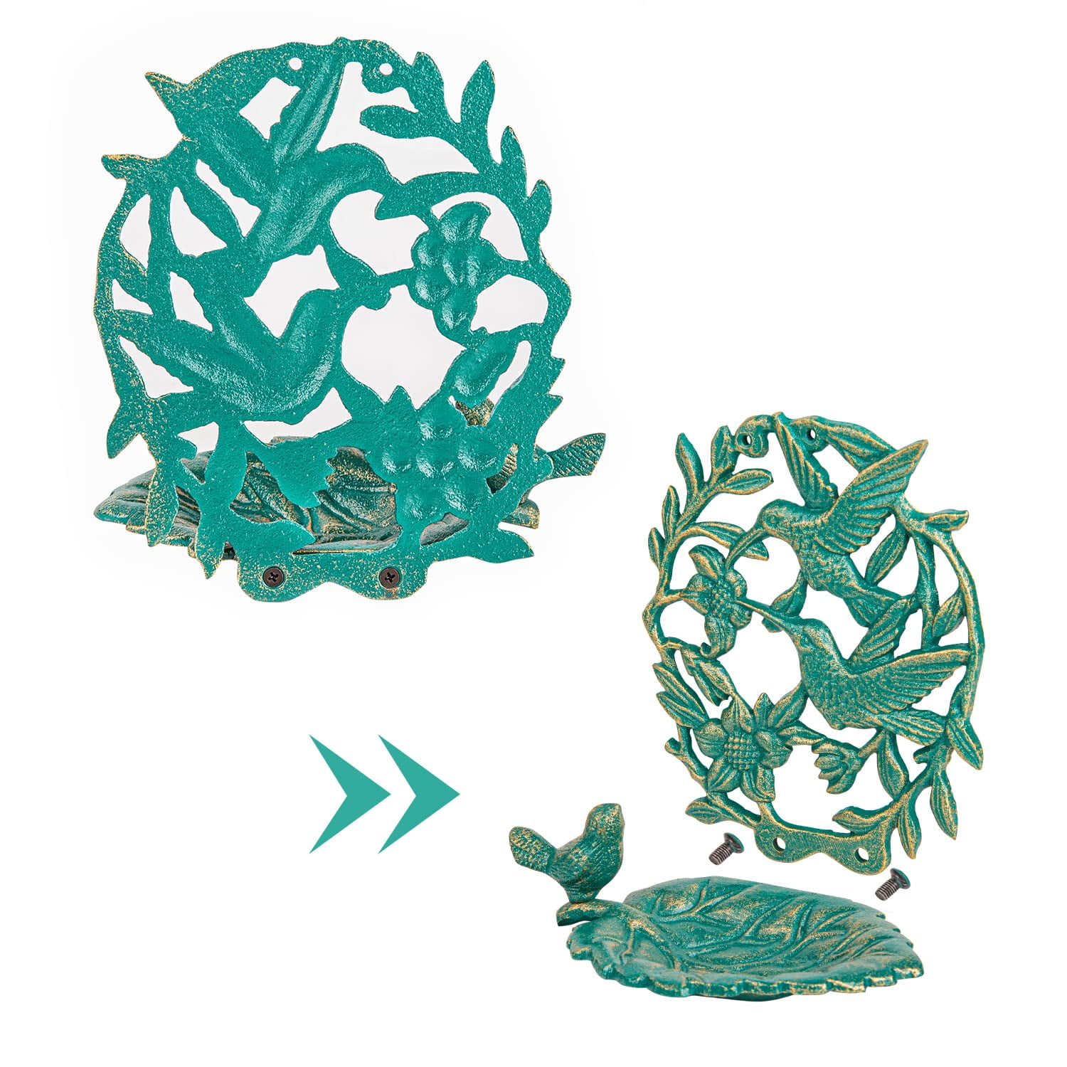 Sungmor Cast Iron Wall Mounted Bird Feeder, Cute Hummingbird Decor Small Water Bath, Wall Hanging Fence Bird Bath Feeder, Beautiful Green Birdfeeder for Garden Backyard Patio Wall Decoration