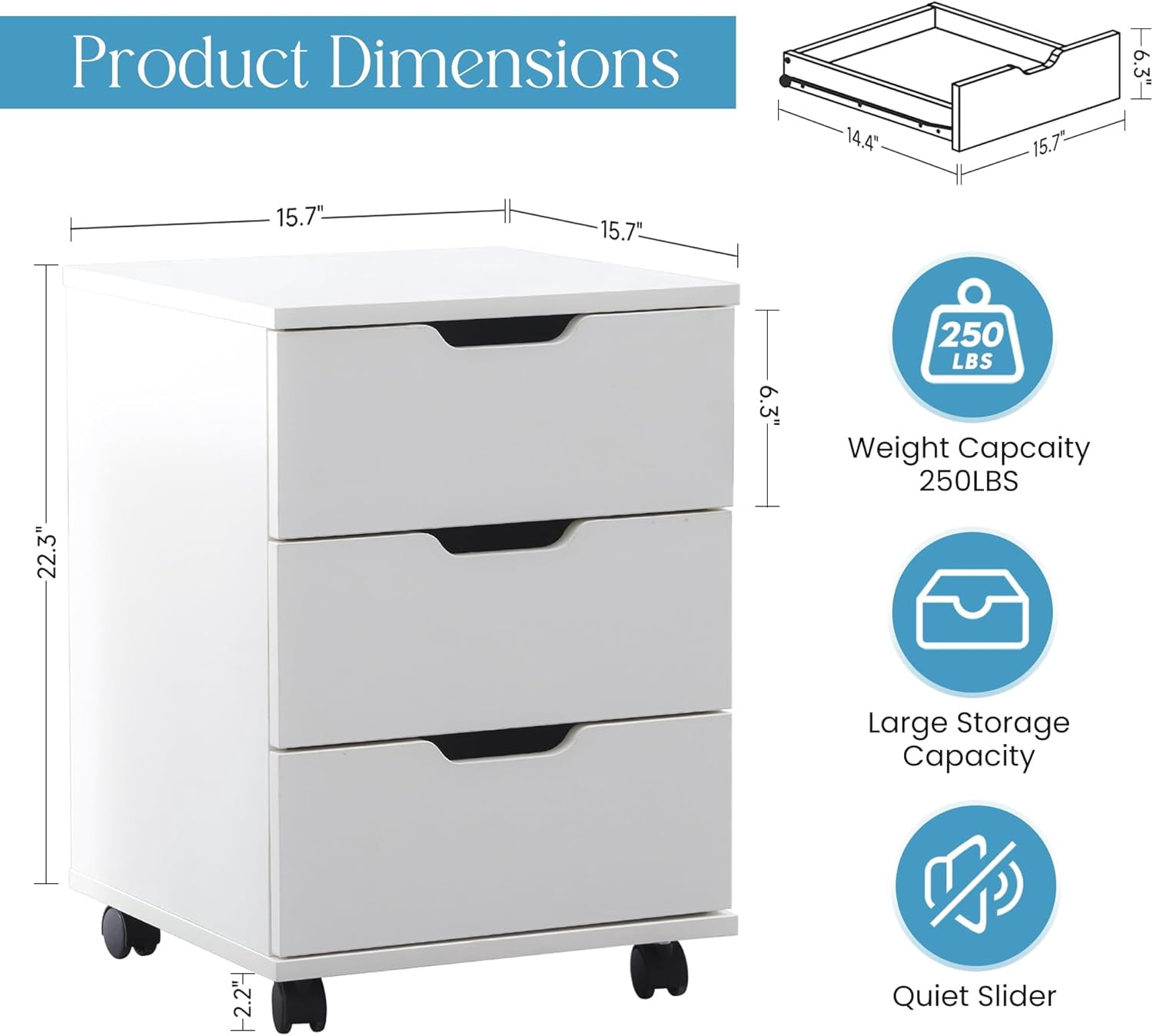 Farini 3-Drawer File Cabinet for Home Office, Mobile Wooden File Cabinet, for Under Desk Storage, White, Non-Assembled