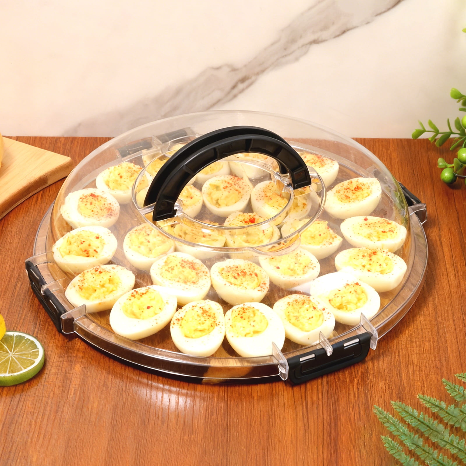 Tcwhniev Deviled Egg Container with Lid, 24 Slot Wooden Deviled Egg Tray & Carrier, Portable Egg Storage Platter for Party, Kitchen & Home Use