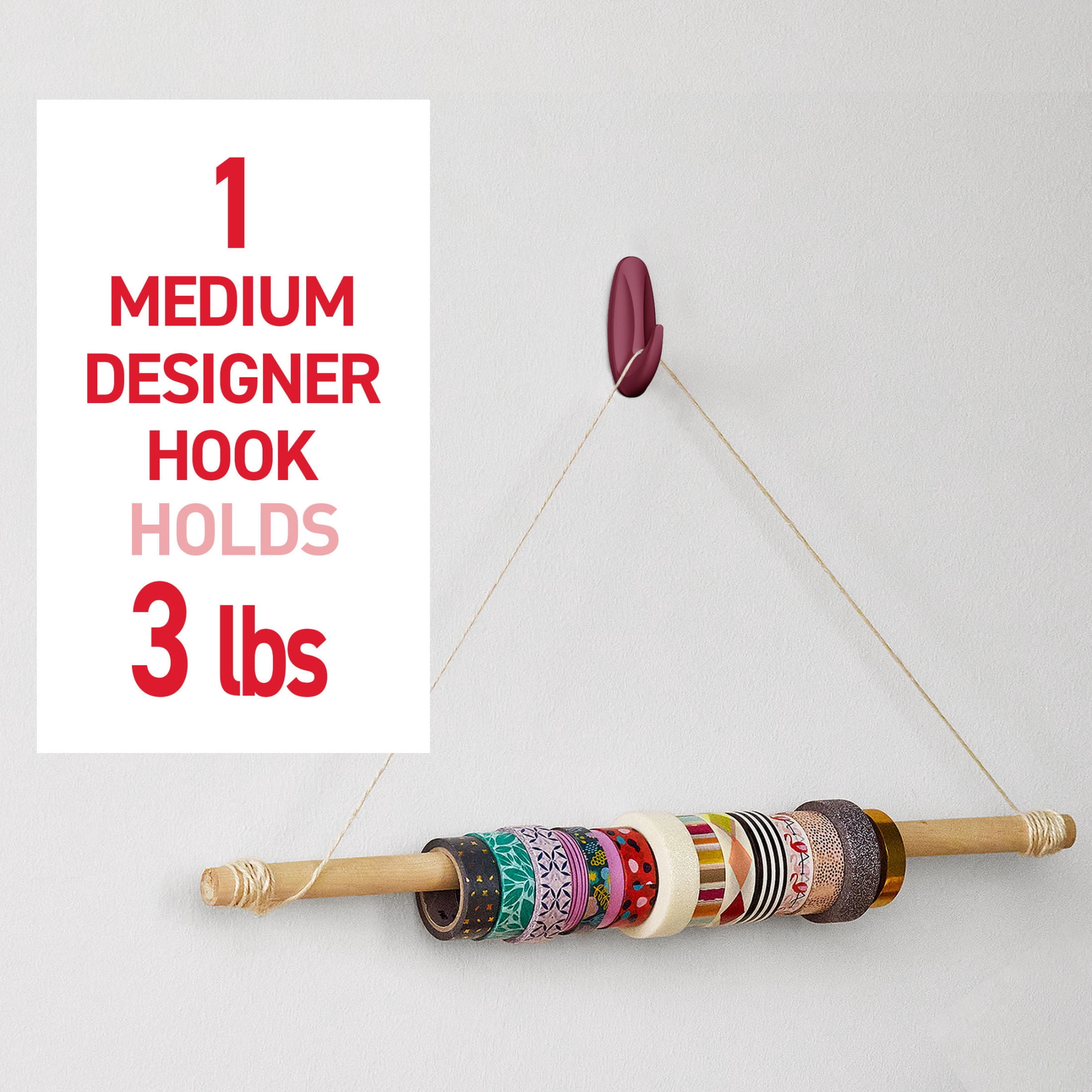 Command Medium Designer Hooks, Black Cherry, Holds 3 lbs, 4 Hooks, 6 Adhesive Strips