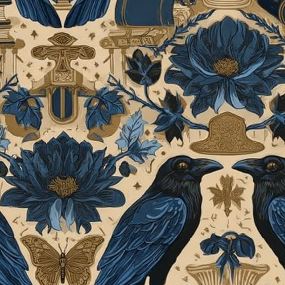 Gothic Peel and Stick Wallpaper 17.7in x 9.8ft Dark Floral Raven Vintage Blue Gold Wall Mural Vinyl Self-Adhesive Removable Wall Paper for Bedroom Kitchen Cabinet Renter Friendly