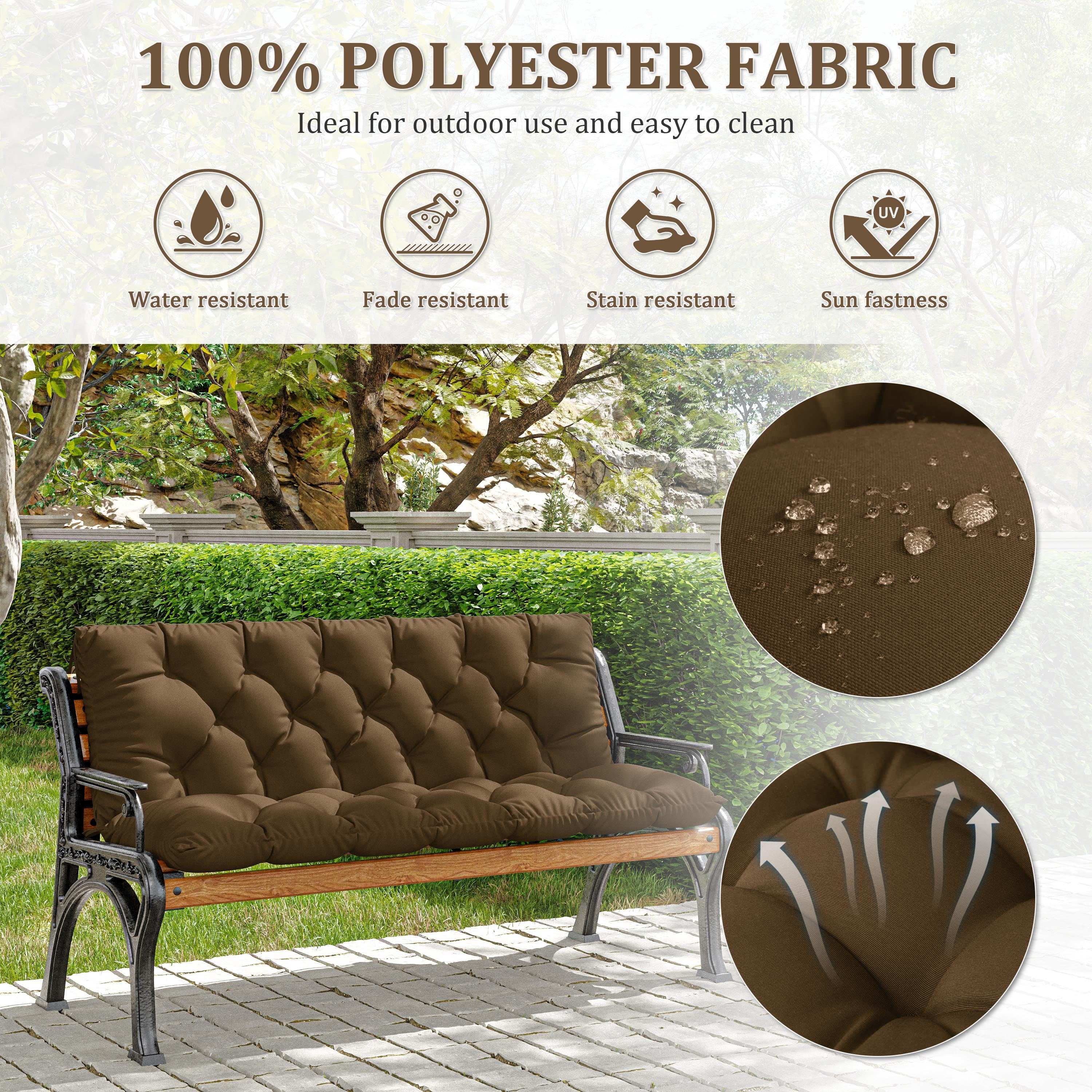 Kimunuk Outdoor Porch Swing Cushion, 60" X 40" X 5" Waterproof Bench Chair Replacement Cushion with 6 Ties for Patio, Chocolate