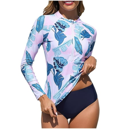 Hyknon Bathing Suit for Women 2025 Fashion Summer Conservative Two Piece Set Swim Suits Floral Printed Half Zipper Long Sleeve Sports Surfing Swimsuit with Boyshorts