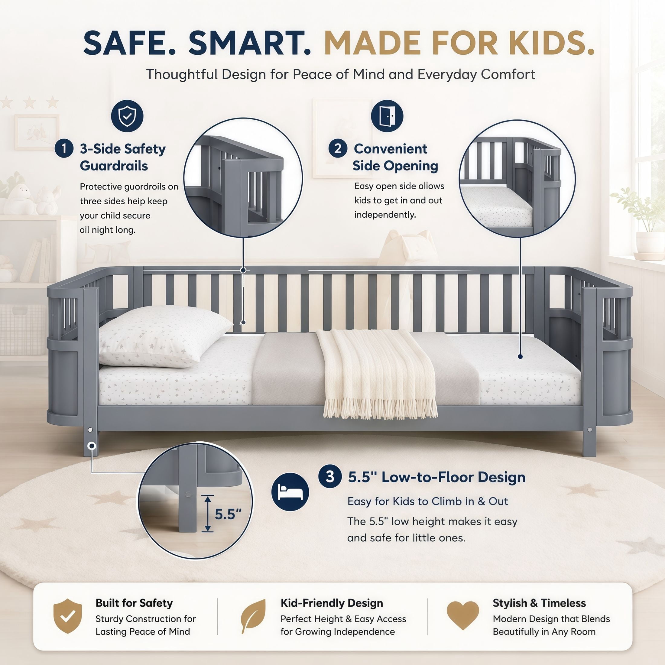 GDF Studio Darpel Full Size Wooden Montessori Bed Frame with Guard Rails, Pine Wood Low-Profile Floor Kids Bed, Gray
