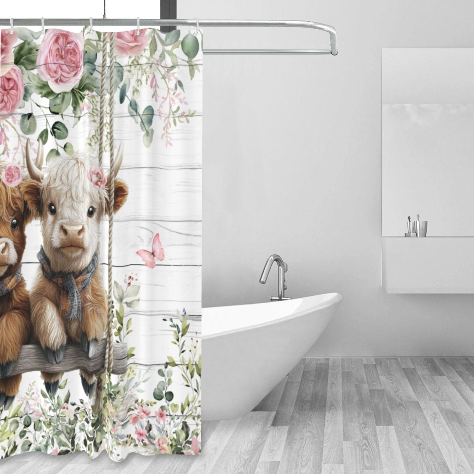 NEONWE Farmhouse Highland Cow Floral Shower Curtain, Pink Flower with Farm Cow and Eucalyptus Bathroom Curtain, 60x72 Inches