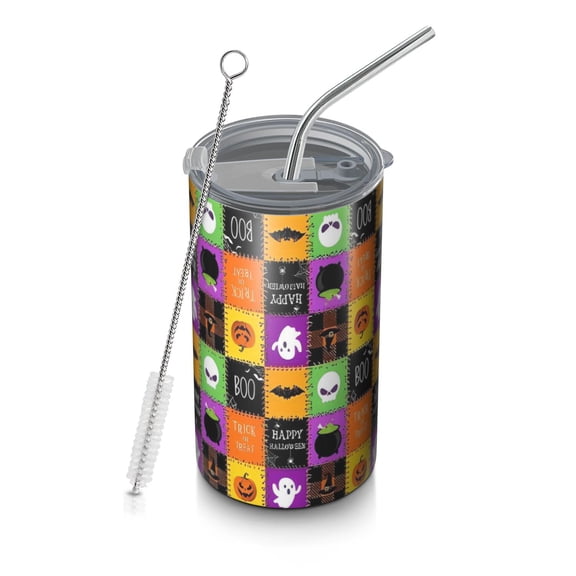 20oz Coffee Tumblers Halloween Patchwork Icons Pattern Stainless Steel Vacuum Insulated Travel Tumbler Coffee Cups Mug with Lid and Straw with Cleaning Brush for Cold & Hot Drinks