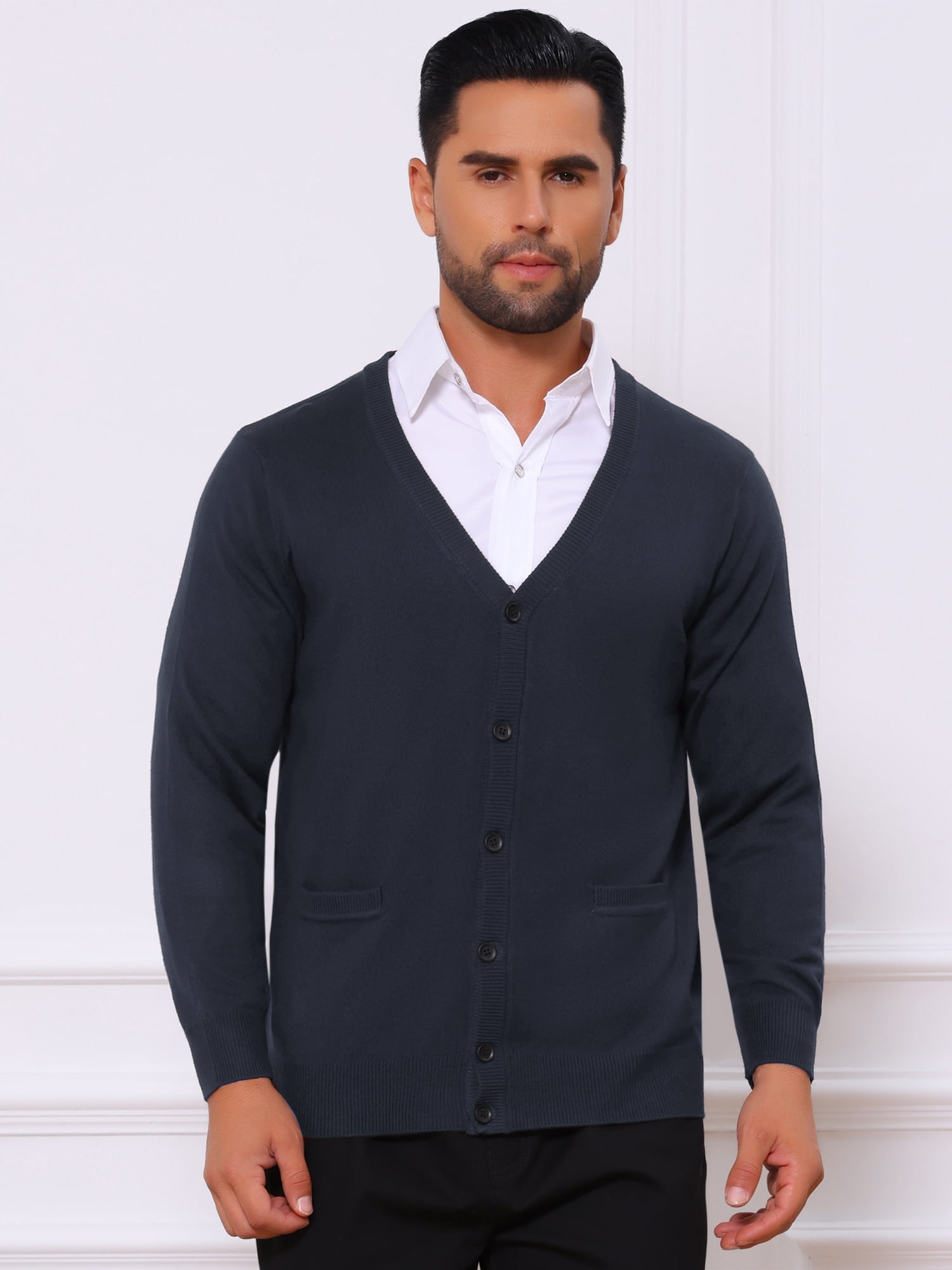 DARING DIVA Men's V Neck Long Sleeved Button Down Knit Sweater with Pockets L Navy Blue