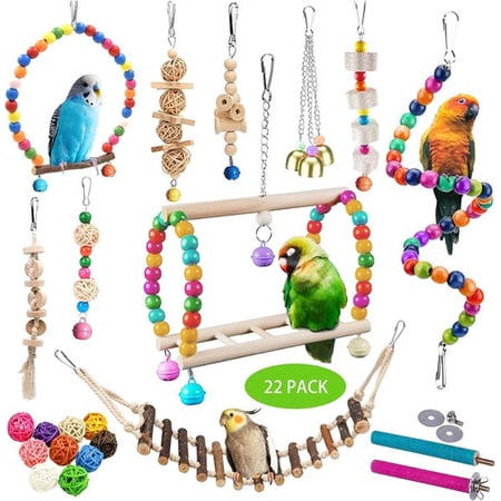 Colourtree 22 Packs Bird Parakeet Cockatiel Toys,Parrot Swing Chewing Hanging Toy with Safe Bells,Bird cage Colorful Climbing Standing Rope Natural Wood Ladder Bungee Toys