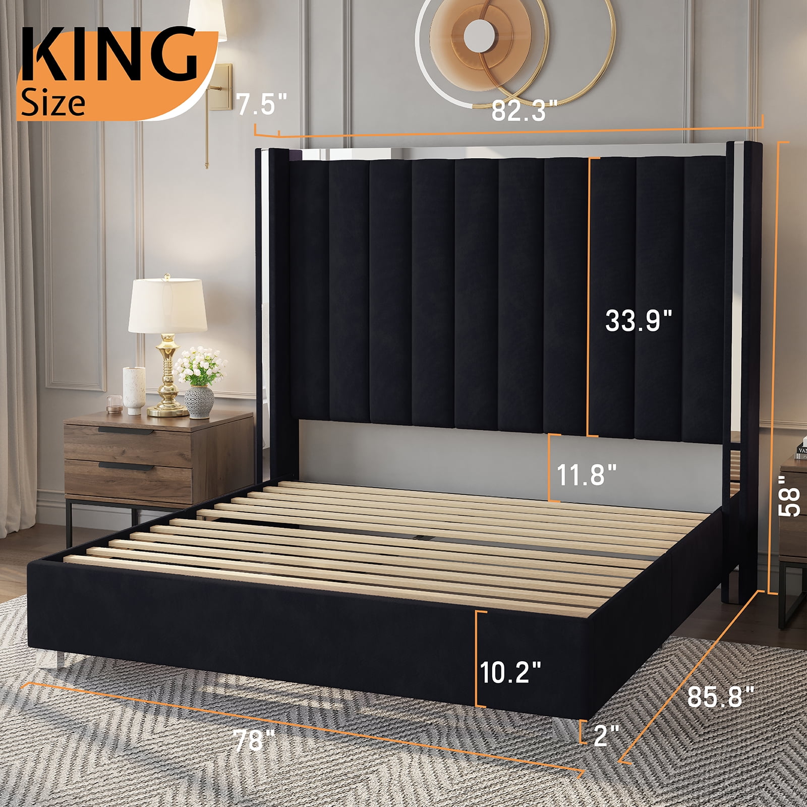 PLAUIN King Size Bed Frame with 58" tall Headboard, Velvet Upholstered Platform bed with Channel Tufted Wingback Headboard and Plating Trim, Black
