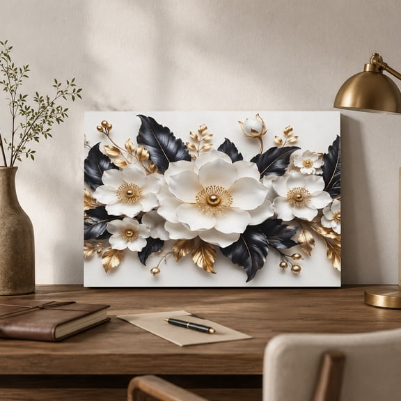White Floral Canvas Wall Art, Modern Elegant Botanical Flowers Black Gold Leaf Wall Art Prints Artwork Framed Canvas Ready to Hang Art Pictures for Bathroom Nightstand, Narrow Hallway 14" x 11"