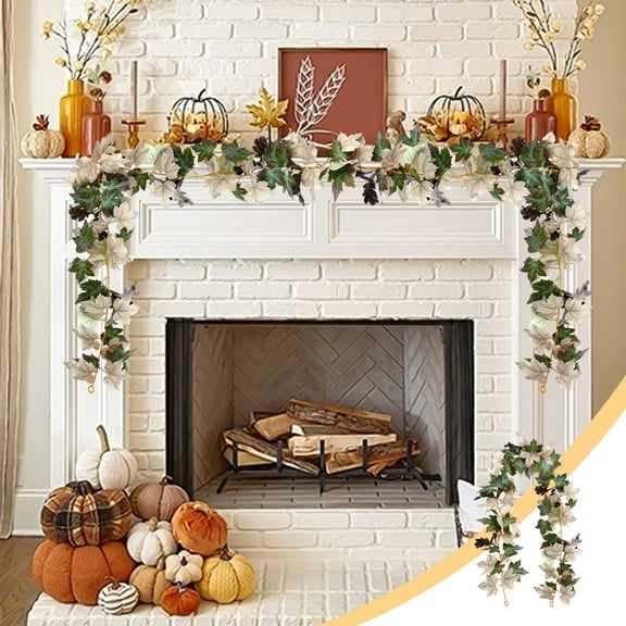 Konghyp Halloween Thanksgiving Decorations Artificial Leaf Garland, Rattan Hanging Pumpkin, Faux Maple Leaf Wreath, Indoor Home Decor, Seasonal Party Fireplace Decoration, Festive Autumn Accent