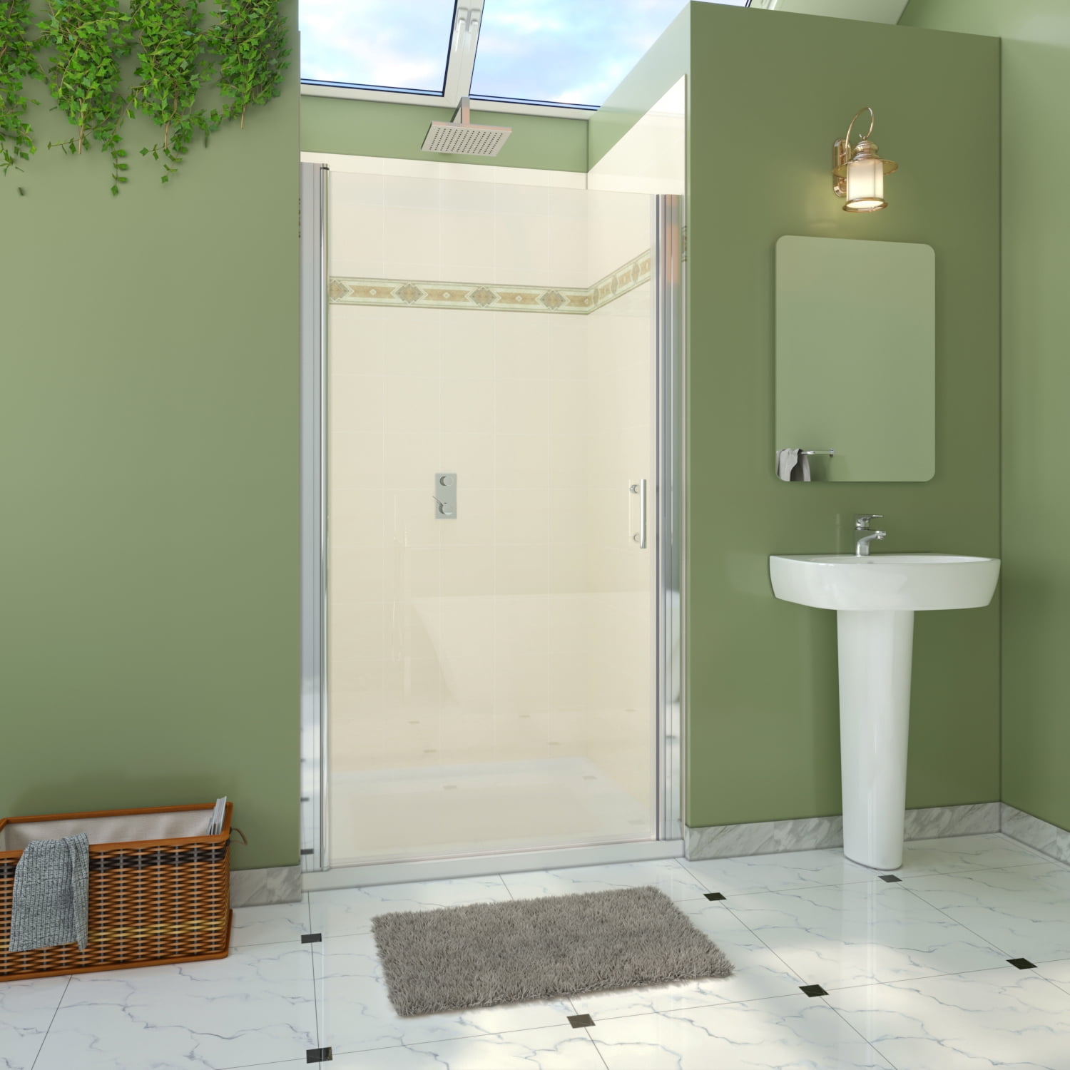 Sunny Shower Semi-Frameless Pivot Swing Shower Door One Panel Glass in Chrome
