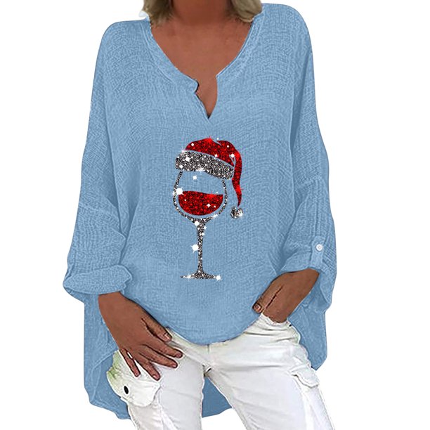 Tops Para Mujer Tops Con Estampado Navideño Manga Larga Hombro Algodón Lino Cuello en V Blusa Túnica Suelta Odeerbi ODB183884