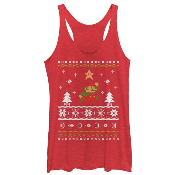 Women's Nintendo Ugly Christmas Mario Racerback Tank Top Red Heather X Small