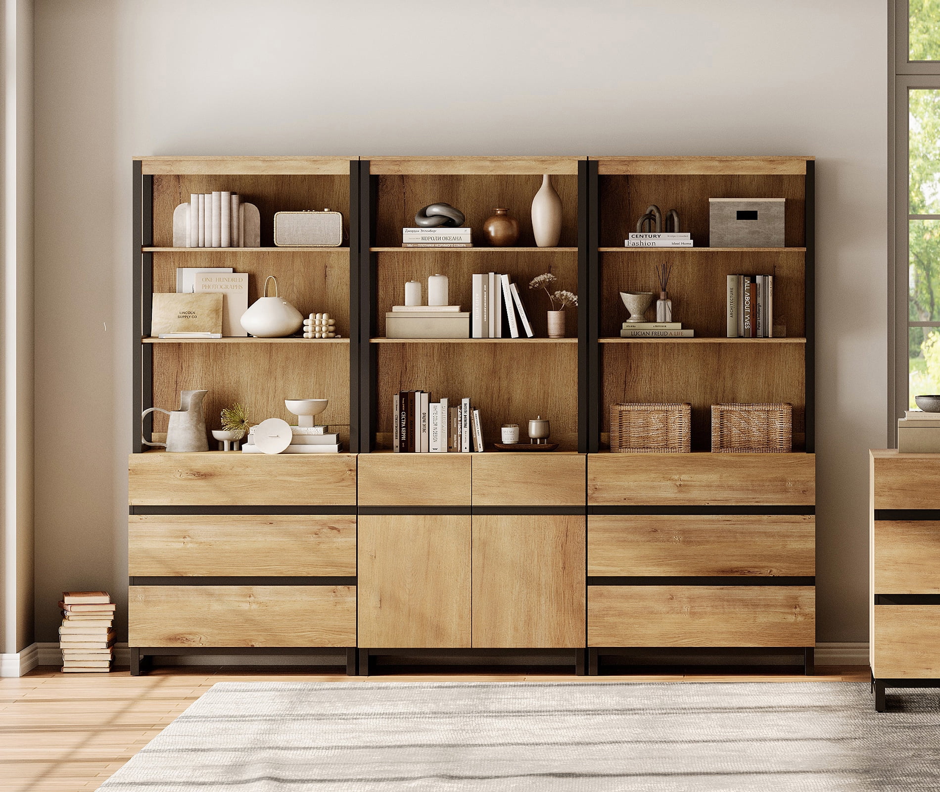 WAMPAT 3-Piece Modern 72" Tall Bookcase,6 Drawers & Adjustable Shelves with Storage Cabinet & Open Shelves, Freestanding Wood Library Bookshelf for Home Office & Living Room