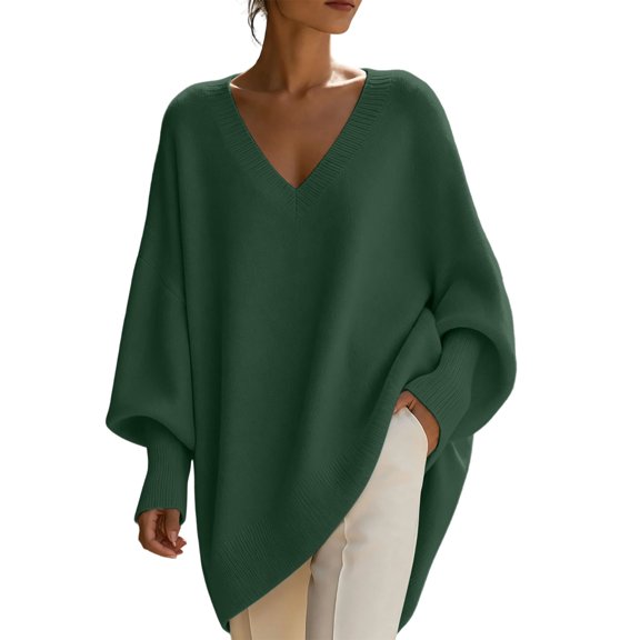 QIYAGBSA V Neck Sweaters for Women Oversized Batwing Long Sleeve Knit Pullover Relaxed Tunic Fit with Asymmetric Hem for Fall Winter Casual