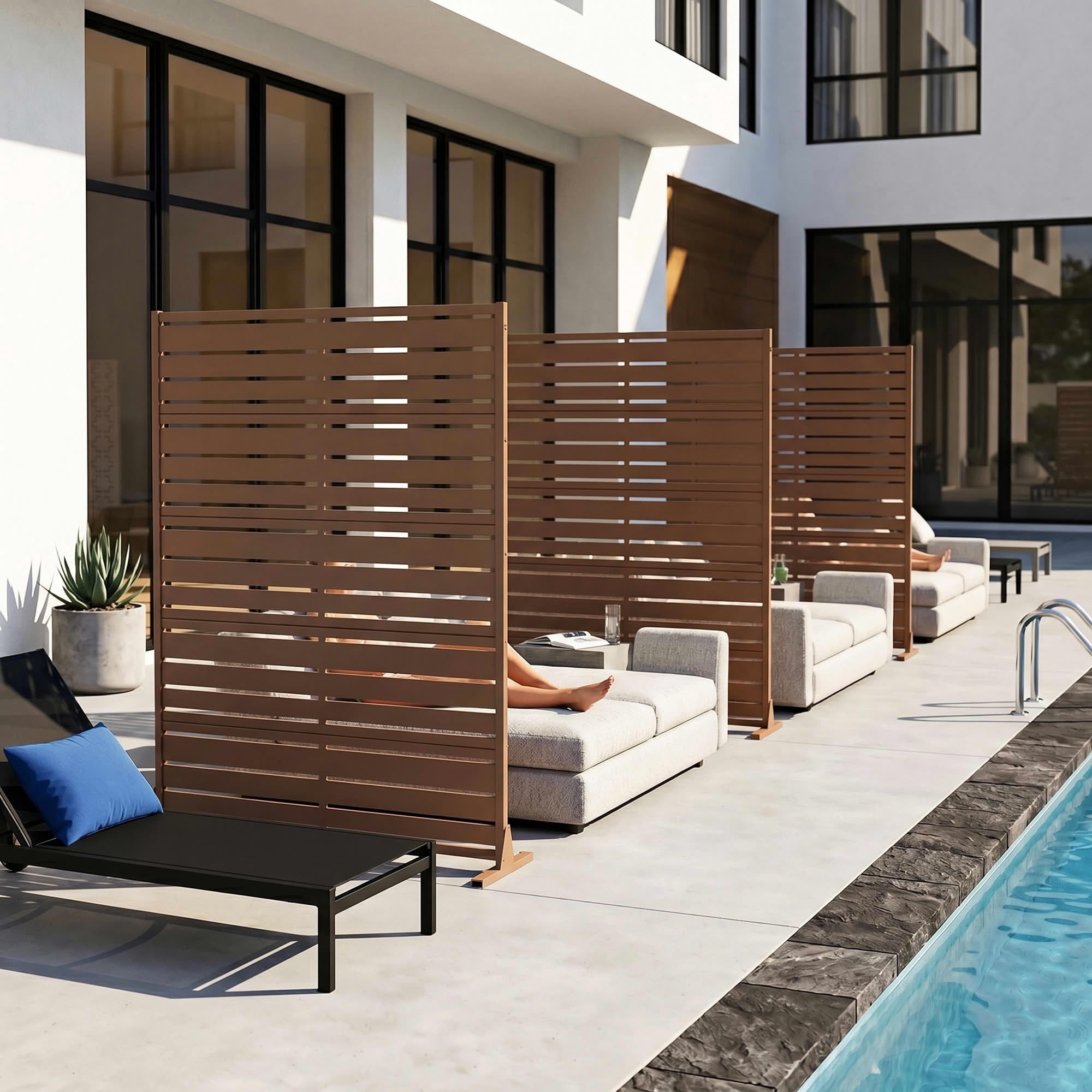 MAYEERTY 2-Piece 72"x47" Privacy Screen, Brown 6-Panel Galvanized Steel Louvered Fence, Wide-1 Narrow-2, Freestanding for Patio Backyard
