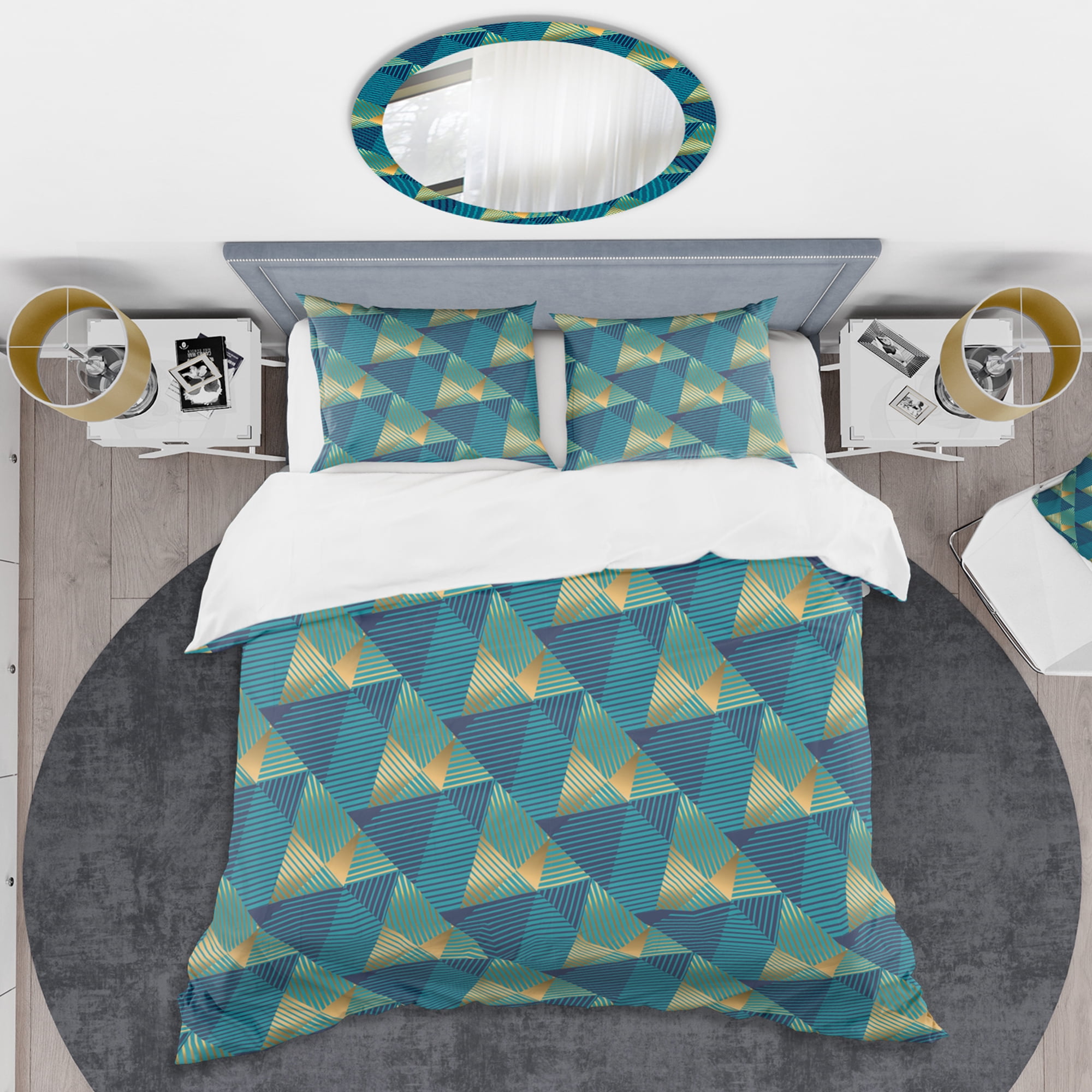 Designart 'Retro Luxury Waves In Gold And Blue VII' Mid-Century Modern Duvet Cover Set