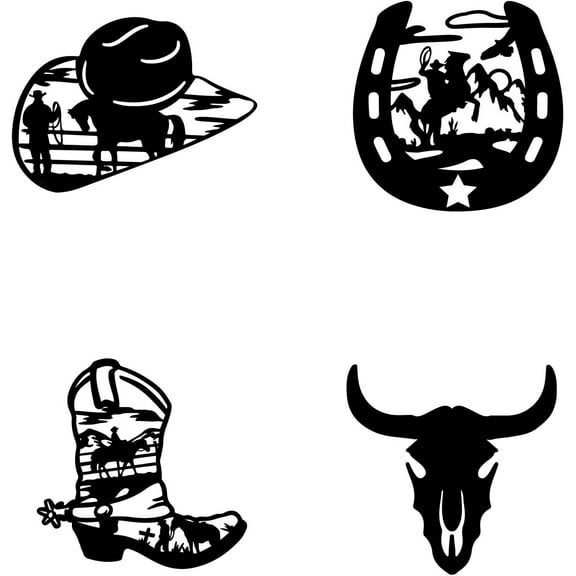 MDF Wood Wall Art Decorations Home Hanging Ornaments Cowboy Theme Mixed Shapes Black 300~350x250~300mm 4 style 1pc/style 4pcs/set