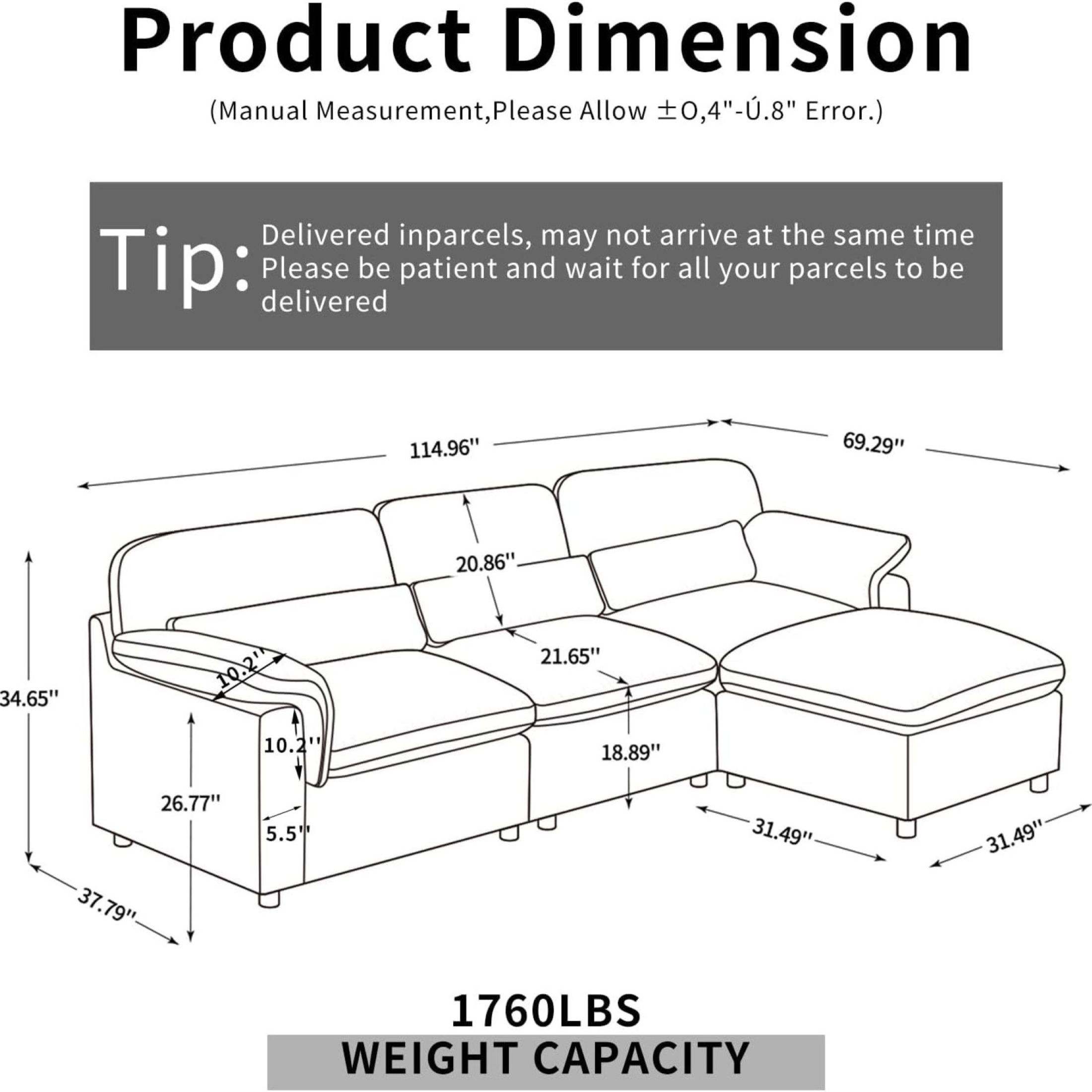 Noble House 115" Minimalist Sectional Sofa, Ottoman with Storage, Down-Filled Cushions, Chenille Fabric, White
