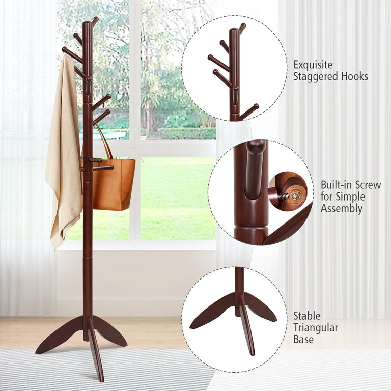 Giantex Wooden Coat Rack Stand, Coat Tree W/11 Hooks & 2 Adjustable Height, Floor Free Standing for Bedroom, Office, Hallway, Entryway, Easy to