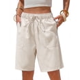 thumbnail image 3 of Womens Striped Bermuda Shorts Casual Cotton Linen Shorts Elastic Drawstring Summer Beach Vacation Shorts with Pockets, 2XL, 3 of 8