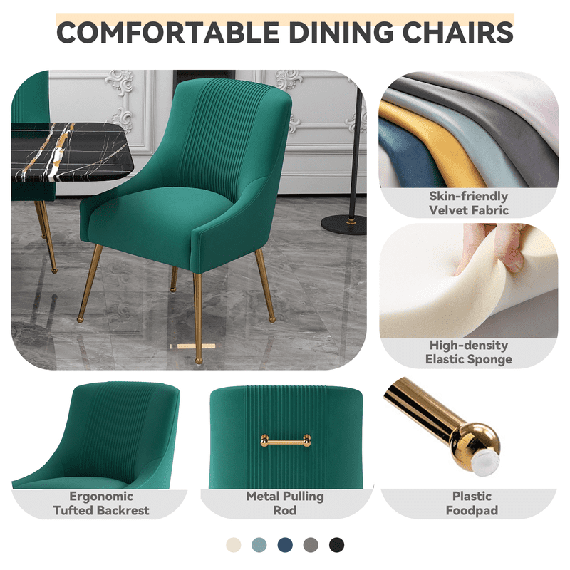 SEYNAR Modern Velvet Dining Chairs Pleated Vanity Chair Set of 4 with Glod Legs for Living Room,Deep Green