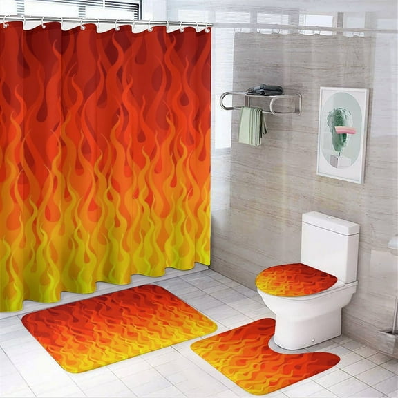 Red Orange Yellow Burning Flames And Fire Shower Curtain Waterproof Bathroom Curtain Set with Hooks Home Decor Bathroom Curtains 4pcs