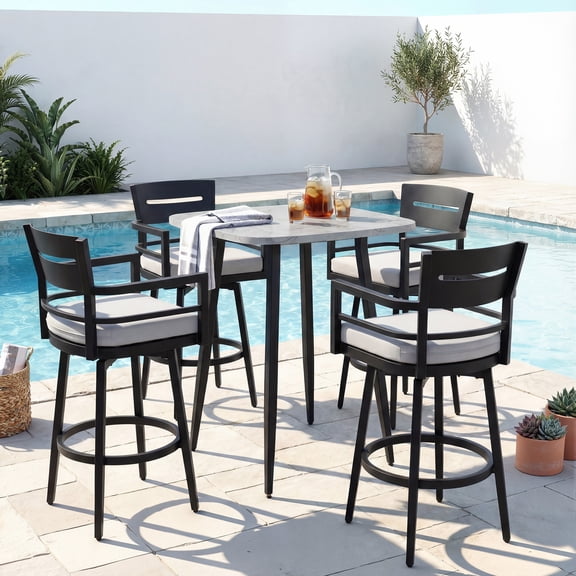 RADIATA 5-Piece Outdoor High Top Table and Chairs Set, Aluminum Bar Height Patio Table and Chairs with 4 Swivel Auto-Return Stools, Scratch-Resistant Marble-Look Top for Poolside