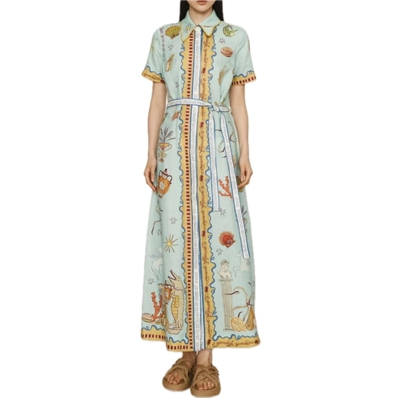 Women's Printed Short Sleeve Maxi Shirt Dress with Belt 100% Polyester Lightweight Flowing Silhouette for Everyday Wear