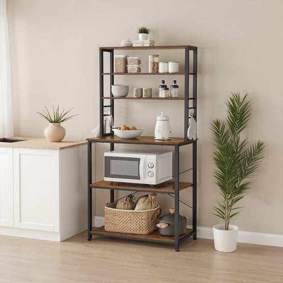 LEDREM 31.5" Coffee Bar & Kitchen Baker's Rack - 6-Tier Storage Shelf with Adjustable Shelf & Hooks, Rustic Brown and Black