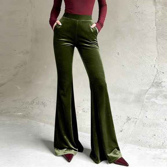 Zedker Flare-Leg High Waist Soft Velvet Casual Pants for Women Springtime and Summer Loose Elastic Waist Long Pants with Pockets,Army Green,L