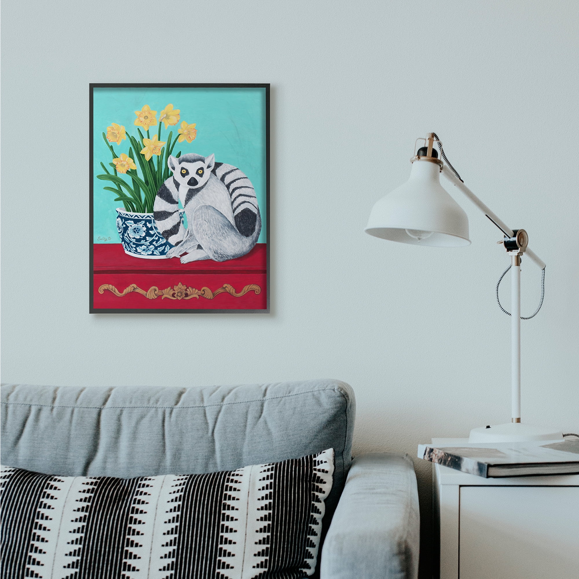 Stupell Industries Lemur and Daffodil Flower Vase Blue Red Animal Painting Black Framed Art Print Wall Art, 24x30, by Sally B
