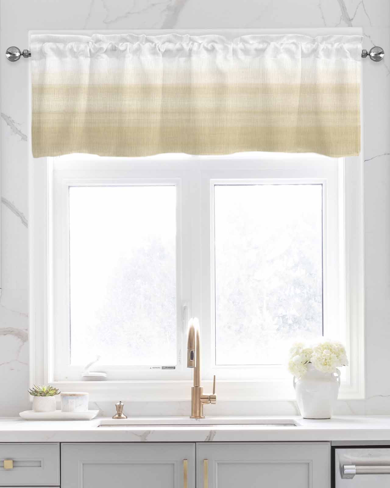 Beige White Stripes Kitchen Valances for Windows Farmhouse Linen Window Valance Curtain for Living Room Window Treatment Farmhouse Modern Gradient Lines Valance Rod Pocket Topper Drape, 60 x 18 Inch