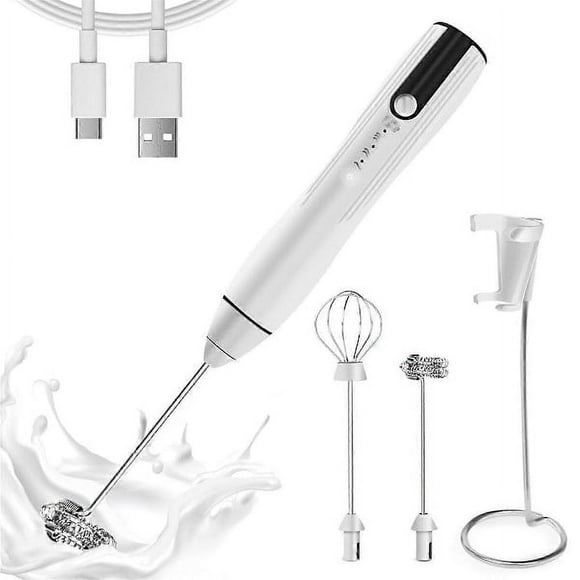 Rechargeable Milk Frother Handheld with 3 Speeds, Powerful Whisk Drink Mixer with 2 Heads for Coffee White