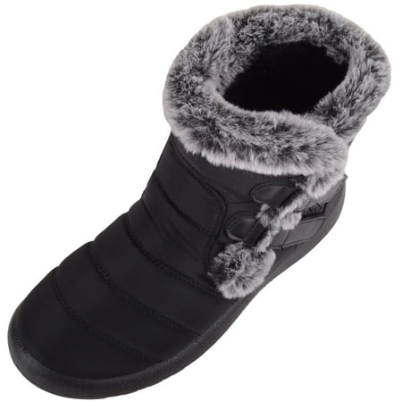 

ABSOLUTE FOOTWEAR Womens Easy Slip On Double Touch and Close Faux Fur Ankle Winter Boots - Black - US 6
