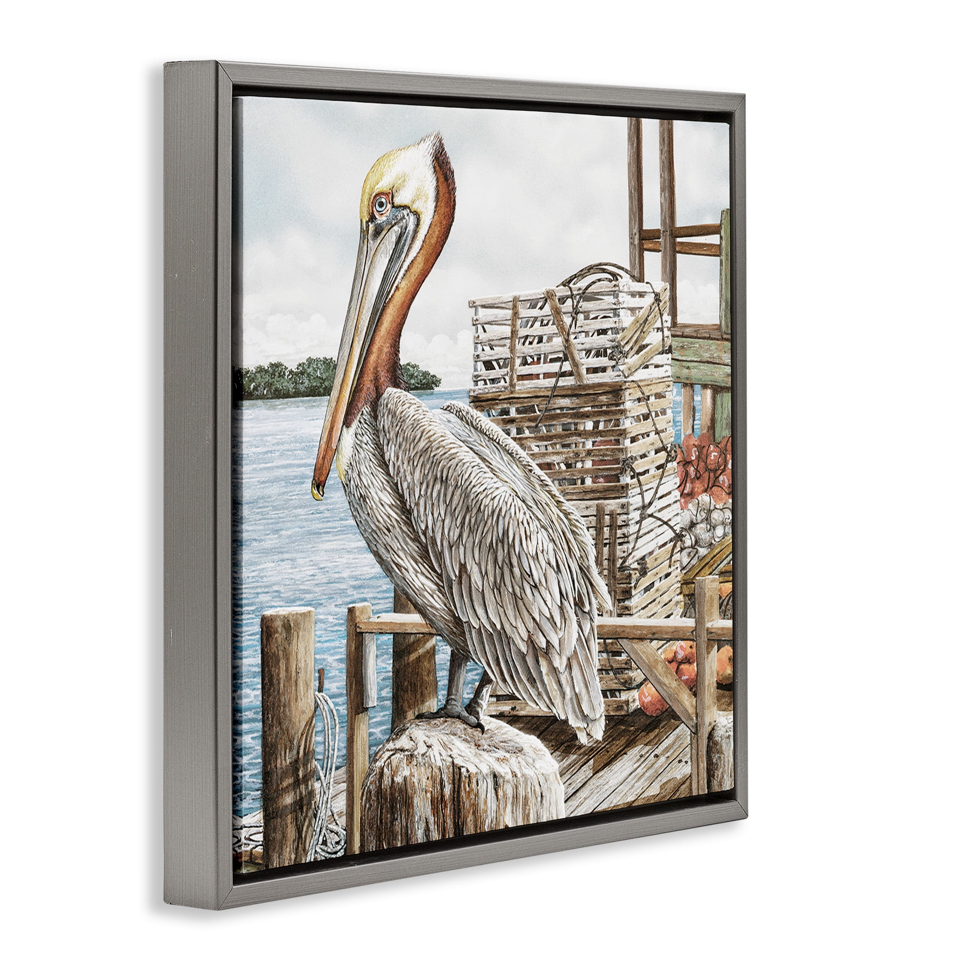 Stupell Industries Pelican Perched on Fishing Dock Animals & Insects Painting Gray Floater Framed Canvas Art Print Wall Art, 18 x 18