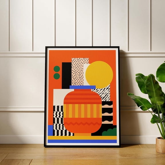 MY CUP OF HUE 24" x 36" Framed Abstract Vase Canvas Wall Art Bold Colorful Geometric Print Mid-Century Modern Decor Vibrant Pattern Art for Living Room Dining Room Office