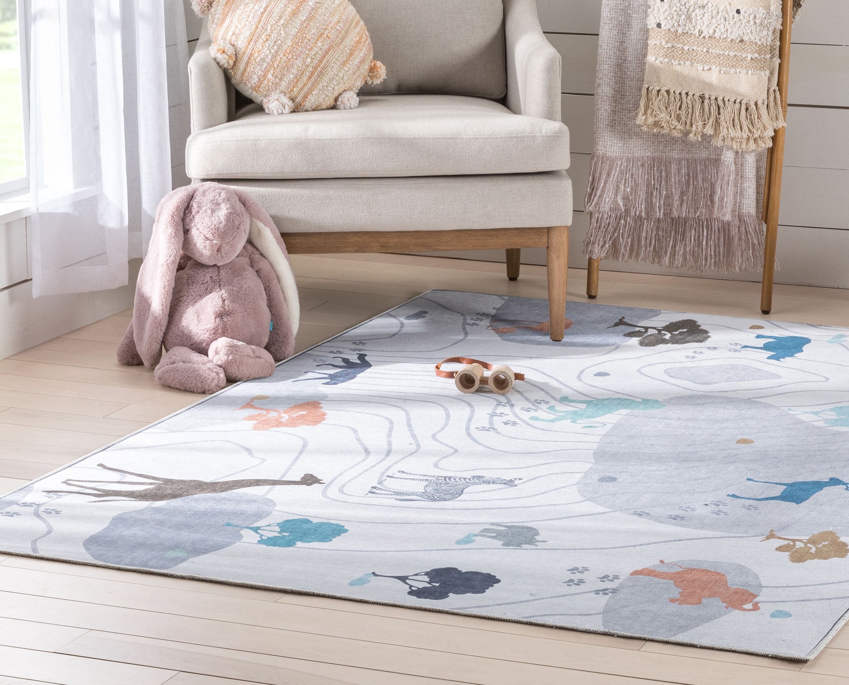 Well Woven Kids Rugs Safari Modern Grey Printed Distressed Machine Washable 5' x 7' Area Rug